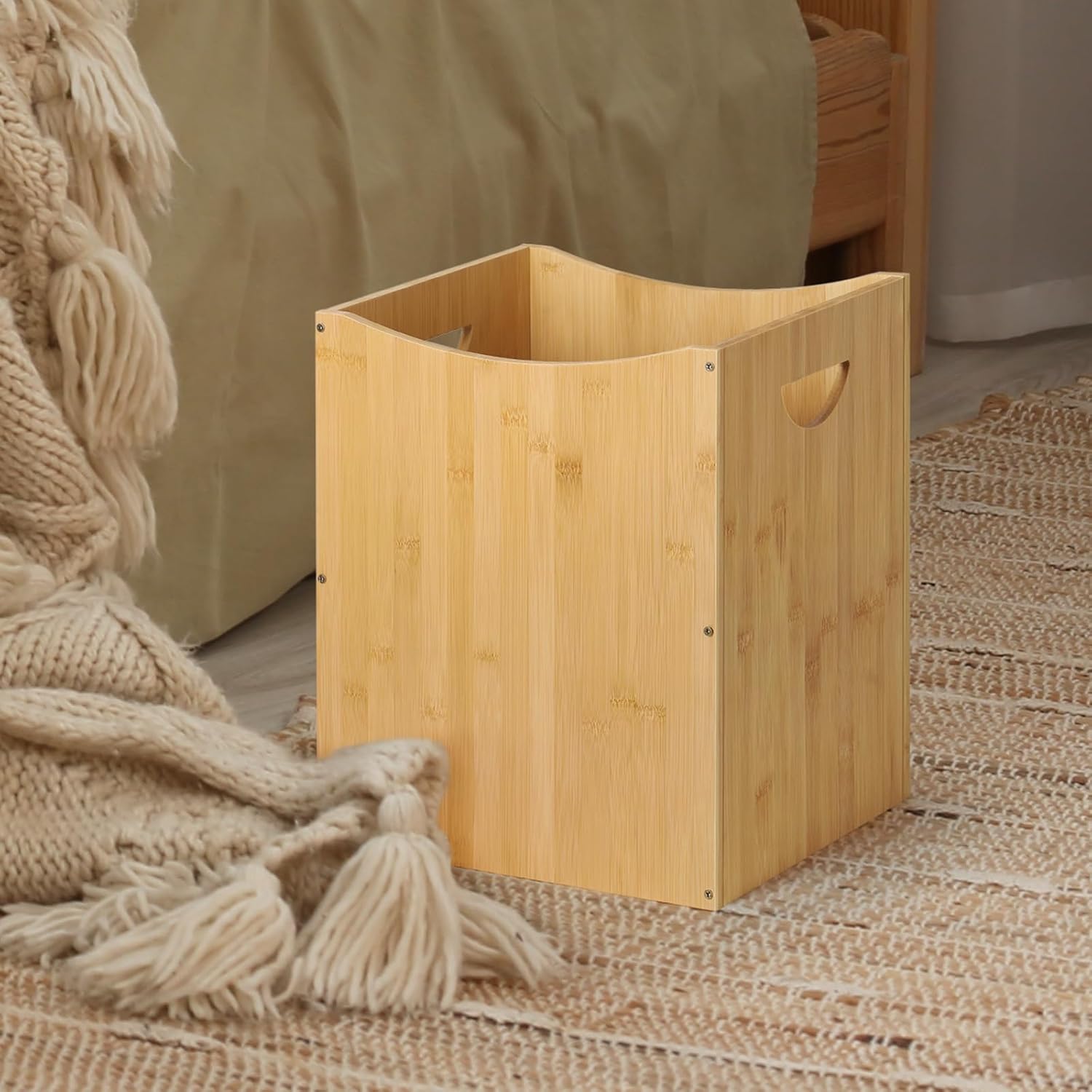 Trash Can Rectangular 5 Gallon Bamboo Waste Basket with Handles, Farmhouse Wastebaskets for Bathroom Office Trash Cans Square Bedroom Garbage Can Recycling Bin for Living Room Kitchen Under Counter