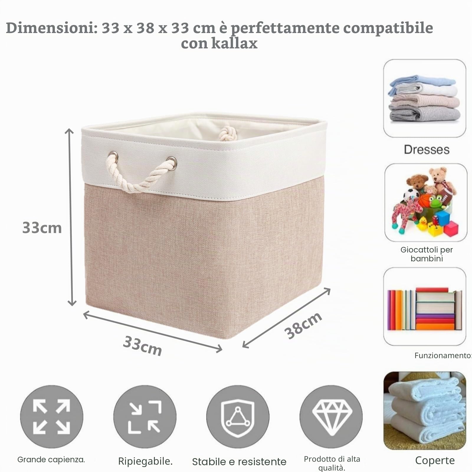 33x38x33 Scatola portaoggetti, contenitore portaoggetti in tessuto per armadio, scaffale e vestiti, lavabile (Kaki chiaro/Bianco, confezione da 6)