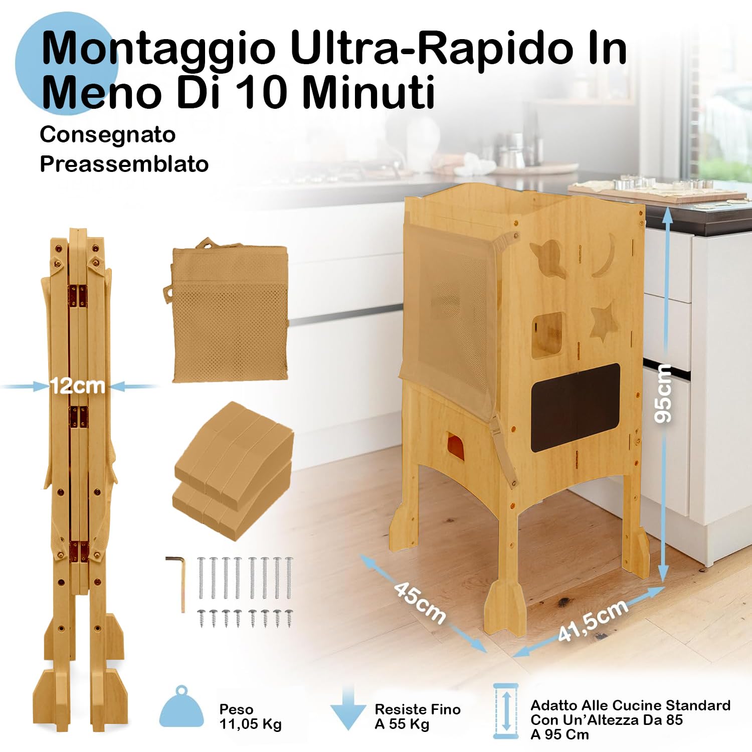 Torre Montessoriana da 1 Anno – Torre pieghevole con rete di sicurezza a 360° – Learning Tower estremamente stabile e massiccia – Consegnata preassemblata con protezione antiribaltamento (Legna)