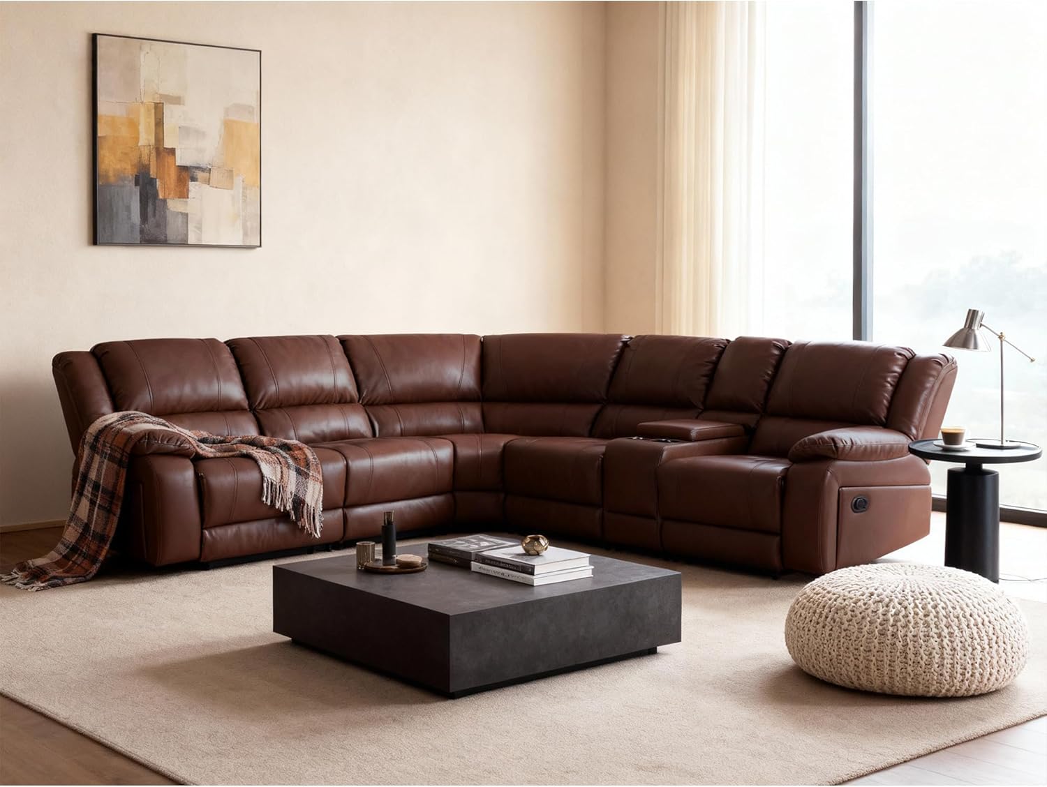 Modular Sectional Sofa PU Leather Manual Recliner Sofa Symmetrical Sectional Couches for Living Room Livingroom Furniture Sets (Brown Sectional)