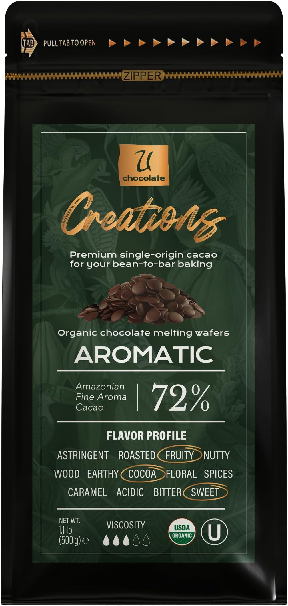 U Organic Dark Chocolate Melting Wafers, Fresh from our Farm - Baking, Dipping, Enrobing, Molding and Glazing (Creations 72% Aromatic, 1.1 Lb)