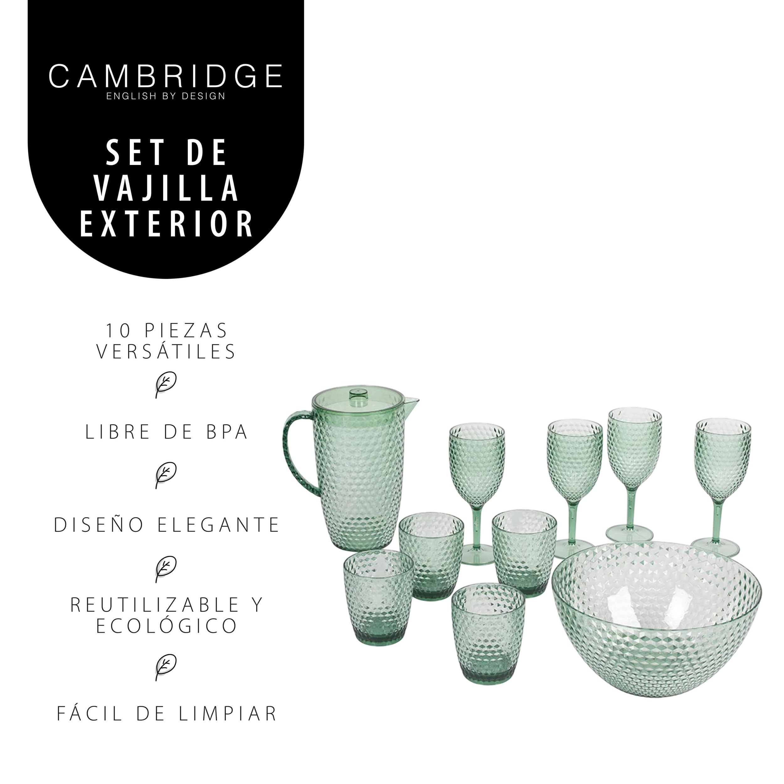 Cambridge COMBO-7986A Fete Serving Set - with Jug, Tumblers, Wine Glasses, and Bowl, Diamond Design, 10 Piece Set, BPA Free Plastic Cups for Outdoor Use, Parties, Holiday Homes & Camping, Green