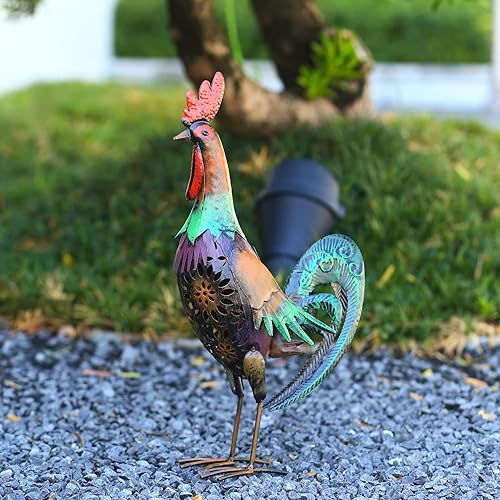 Miniatura 2 de HSHD Luces solares de animales al aire libre - Figura de gallo grande de 18.2 pulgadas, decoración de jardín con arte de metal para patio. Luz de