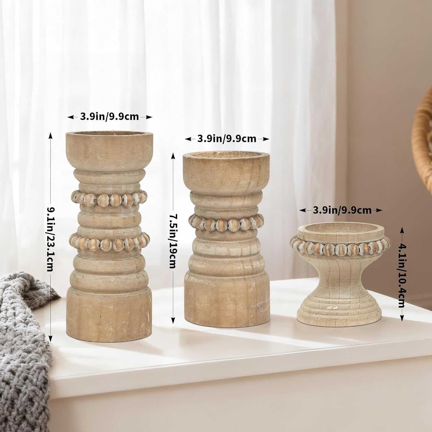 MODE HOME Rustic Natural Wood Candle Holders Set of 3, Farmhouse Beaded Wood Pillar Candle Holder, Candle Holders for Pillar Candles & Candlesticks, Candle Sticks Holder Decor for Table Centerpiece