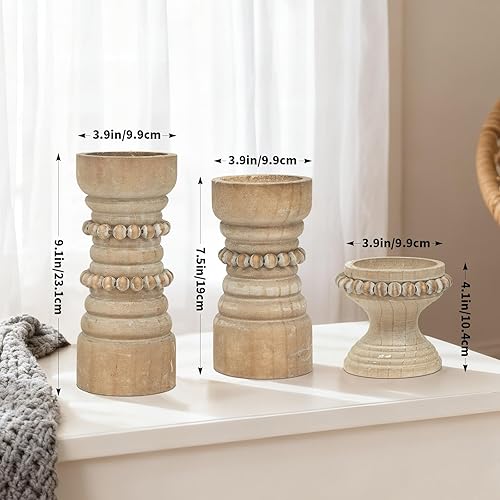 Miniatura 6 de MODE HOME Juego de 3 portavelas de madera rústica, portavelas de pilar de madera con cuentas de granja, portavelas para velas de pilar y