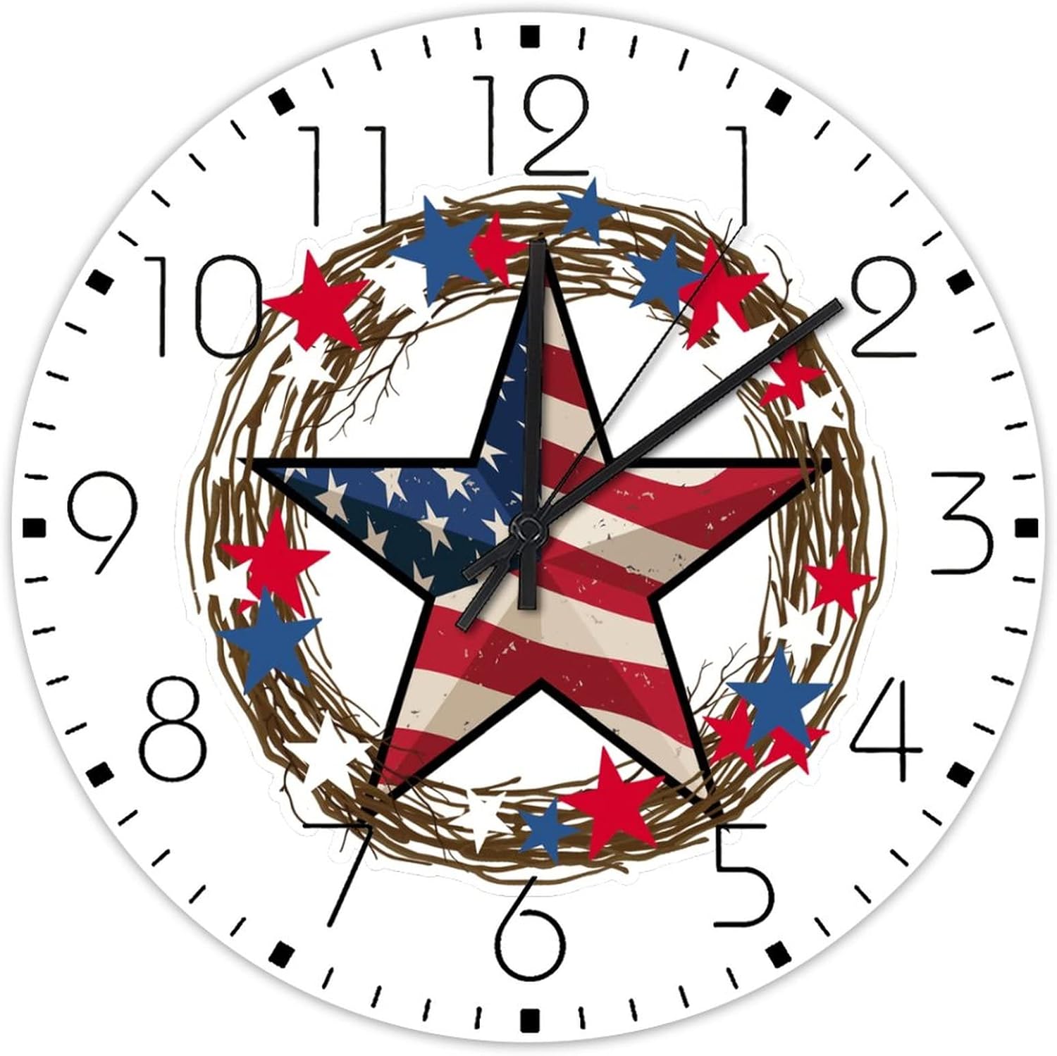 Minimalist Wood Clock Non-Ticking Sweep Movement 4th of July American Star Round Vintage Wall Clocks USA Flag Home Decor for Workshop School Cabin 15 Inch