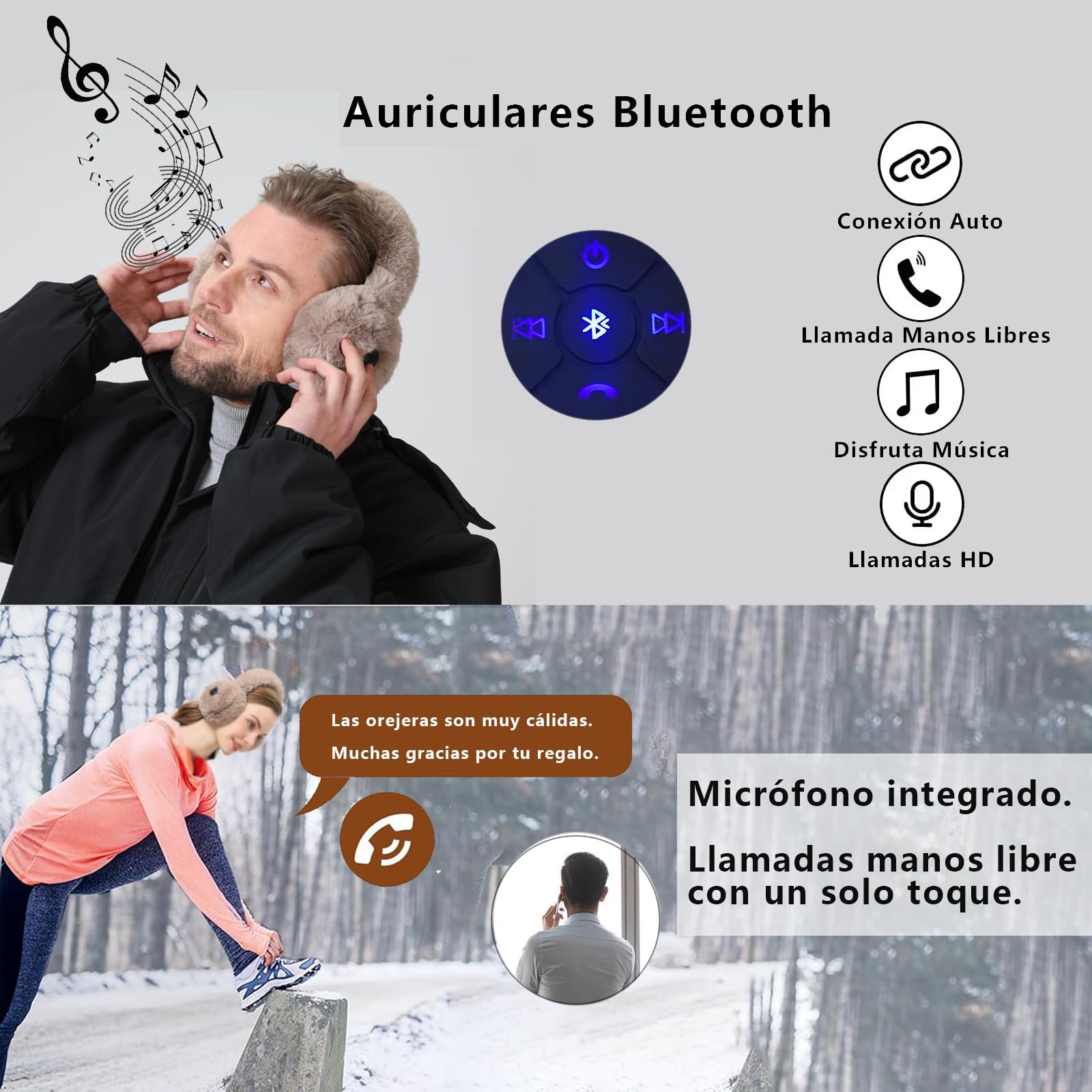 Calefactables Auriculares Inalambricos Bluetooth Diadema con Microfono - Calefactor Electrico Auriculares Over Ear Orejeras Frio con Termostato Calefaccion para Mujer Hombre Running