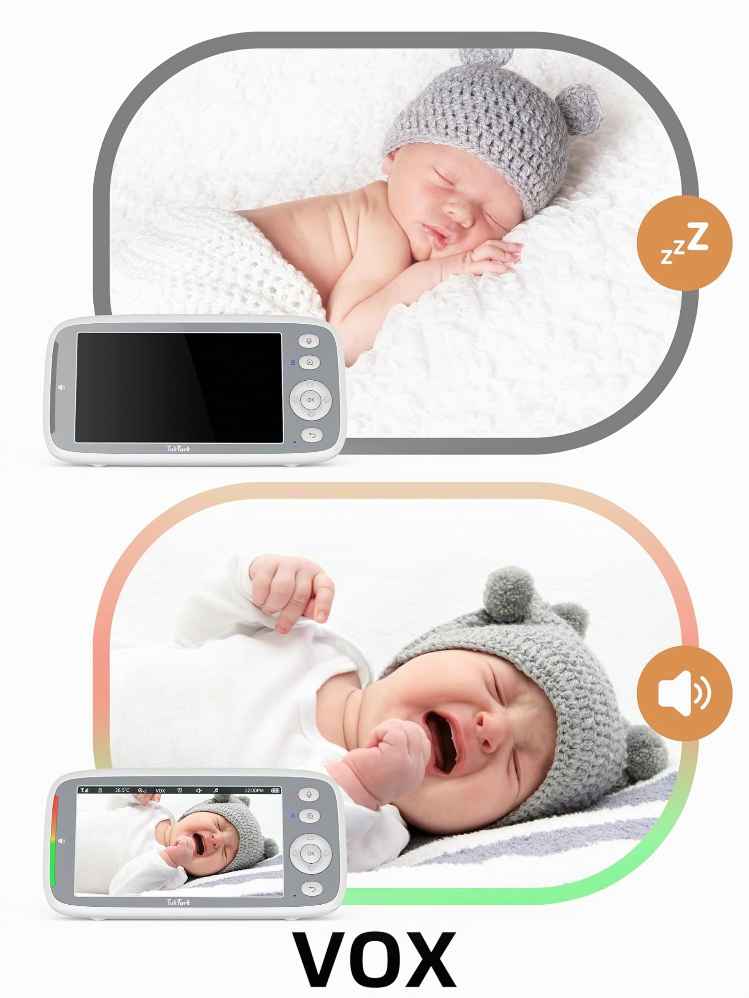 TakTark Baby Monitor, 5" 720P IPS Baby Monitor Video e Audio, 3050mAh Telecamera Bambini con Monitor VOX, Visione Notturna, Conversazione Bidirezionale, Allarme Temperatura