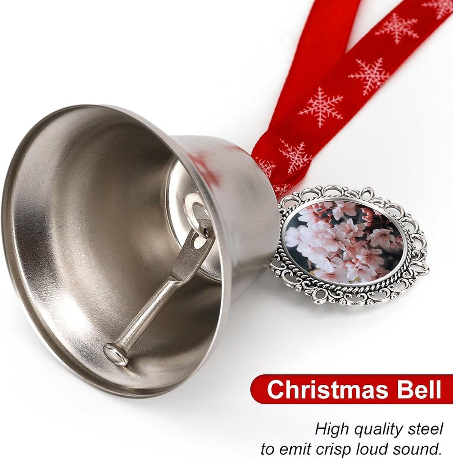 Pink White Flowers Christmas Bells Ornaments Tree Jingle Bells Decors Xmas Silver Bell Hanging Decoration Pendants for Weddings Parties Christmas Wreaths
