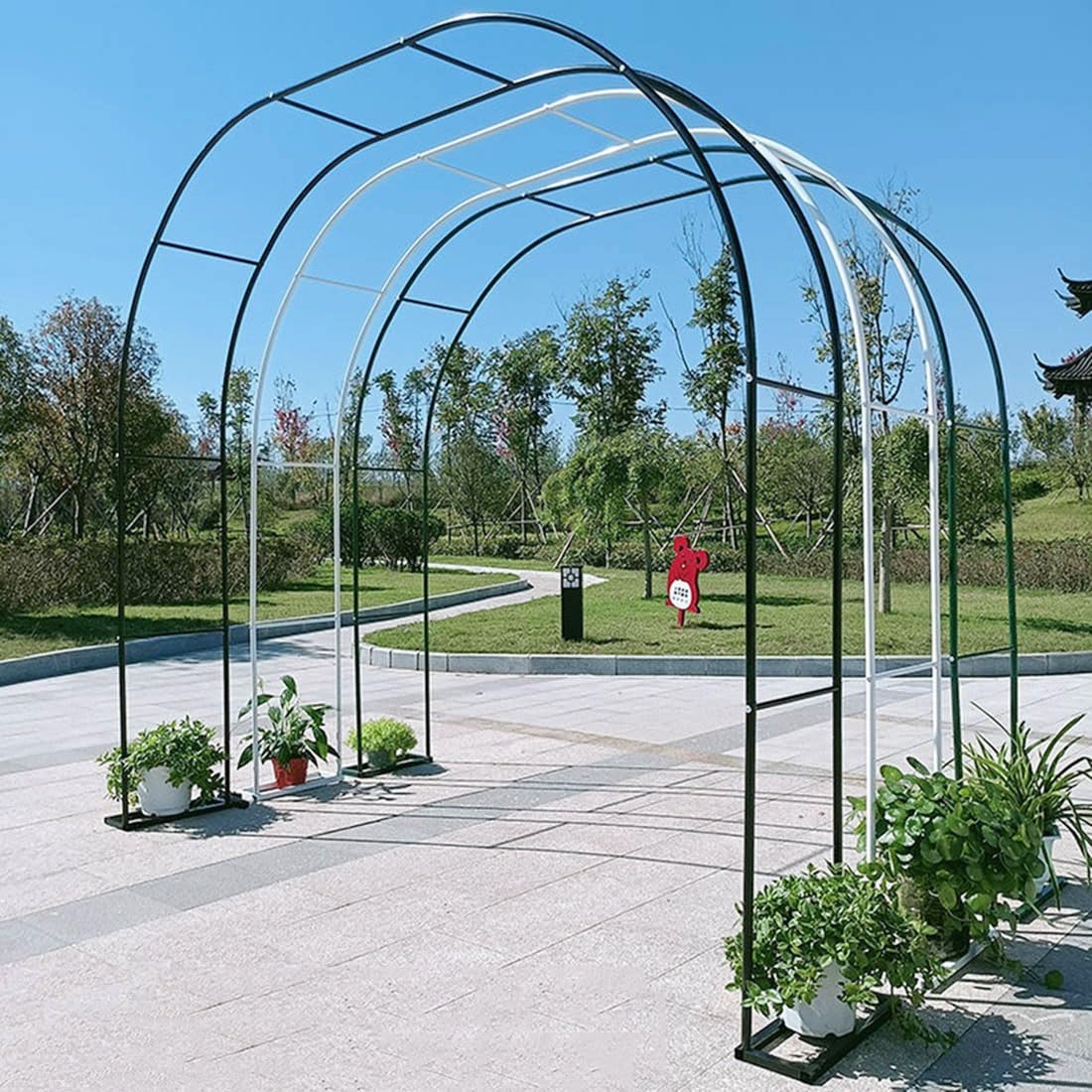 Biały i czarny metalowy łuk ogrodowy róża altana krata zewnętrzna dekoracja ślubna regulowana 80-350 cm wsparcie dla roślin pnących dł. 180 x szer. 40 x wys. 220 cm