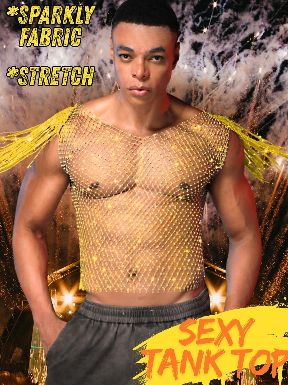 EHSUYAB Men Rhinestone Mesh Tank Top Sparkly Fishnet Shirt Rave Outfits