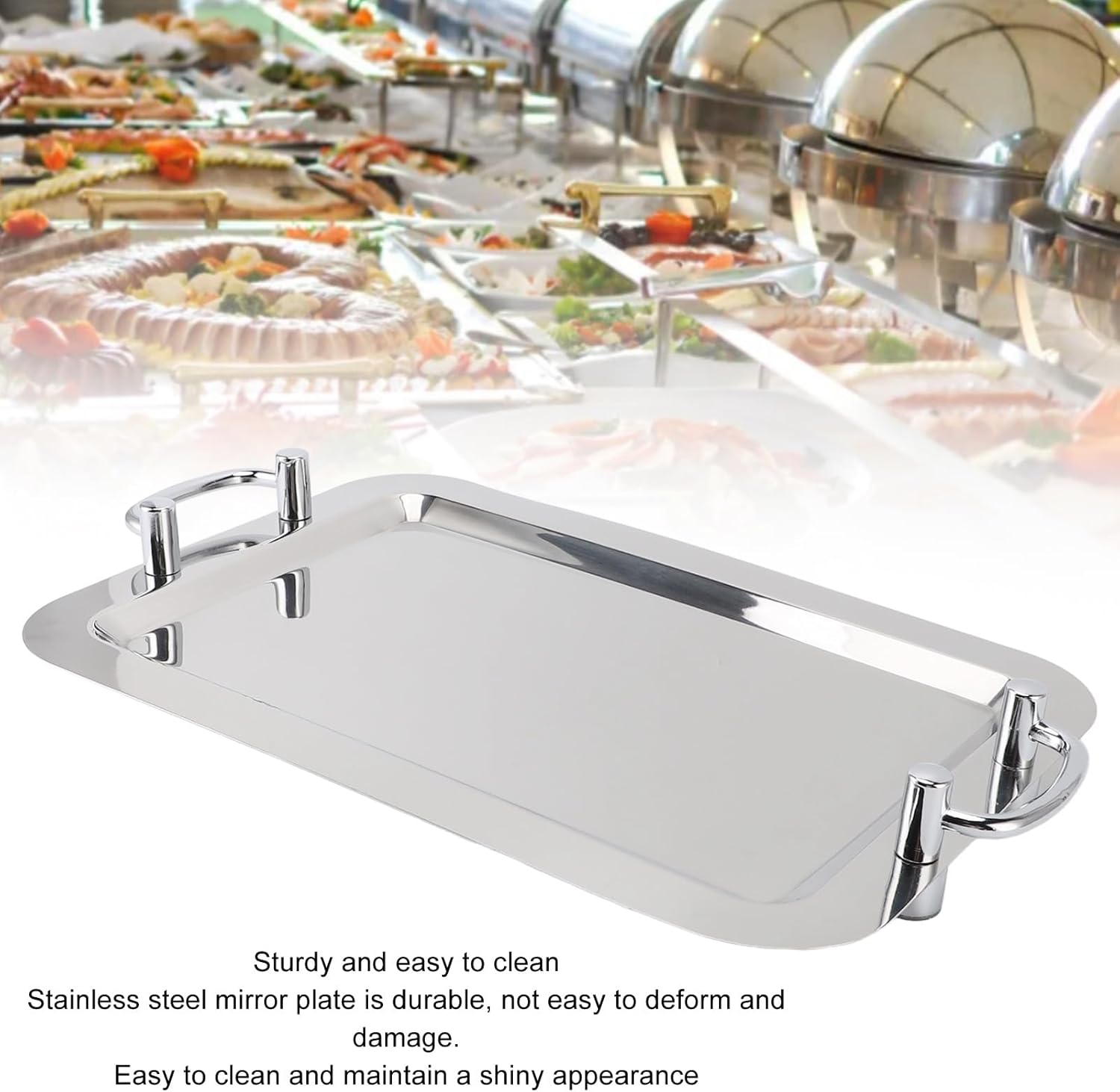 Fockety Stainless Steel Serving Tray, Multifunction Portable Metal Serving Tray with Handle, Buffet Serving Snack Tray for Coffee, Desserts, Cakes, (Rectangle Shape with