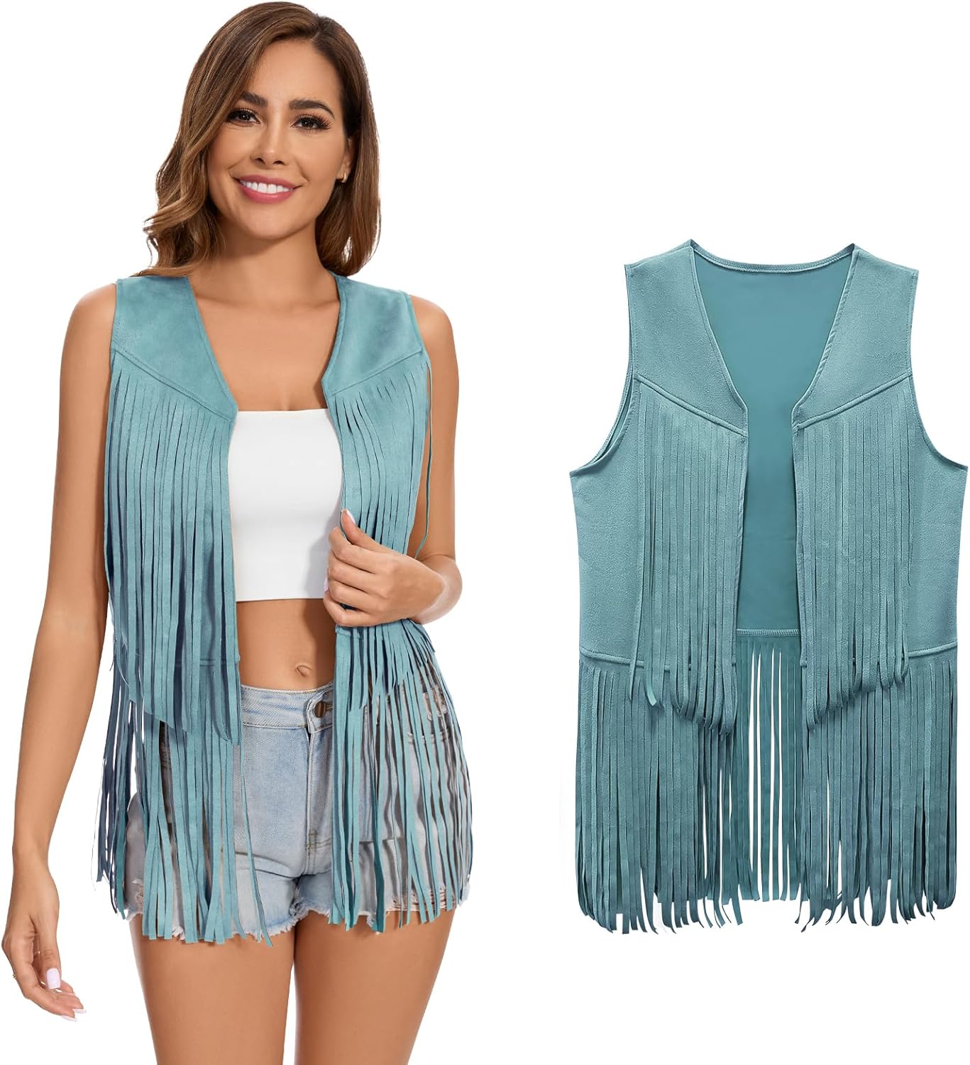 Women's Fringe Vest 60s 70s Hippie Vest Sleeveless Cowgirl Western Faux Suede Tassel Leather Jacket Hippie Party