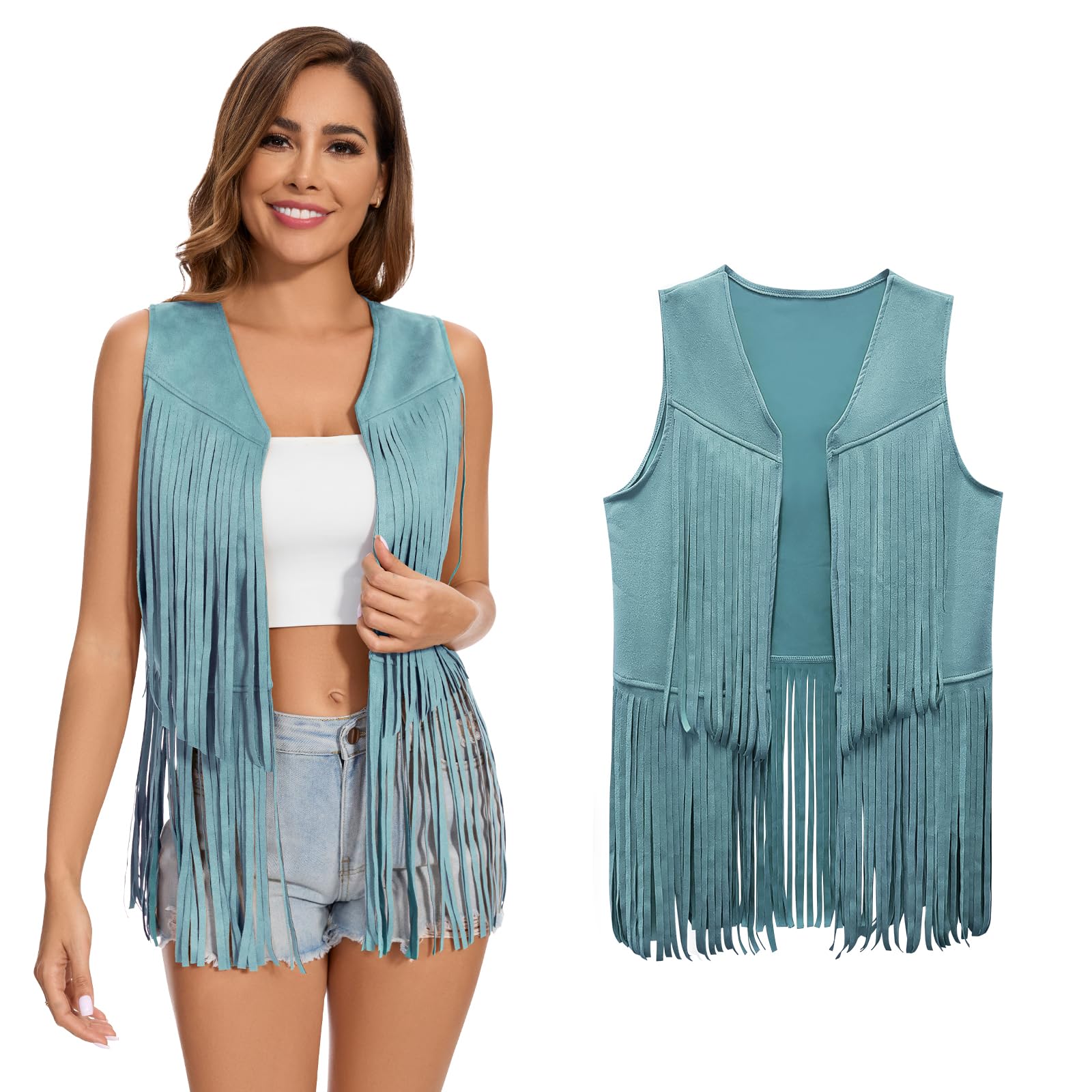 XonyiCos Women's Fringe Vest 70s 60s Hippie Vest Sleeveless Cowgirl Western Faux Suede Tassel Leather Jacket Carnival and Role Play Costumes, blue tassel vest, L