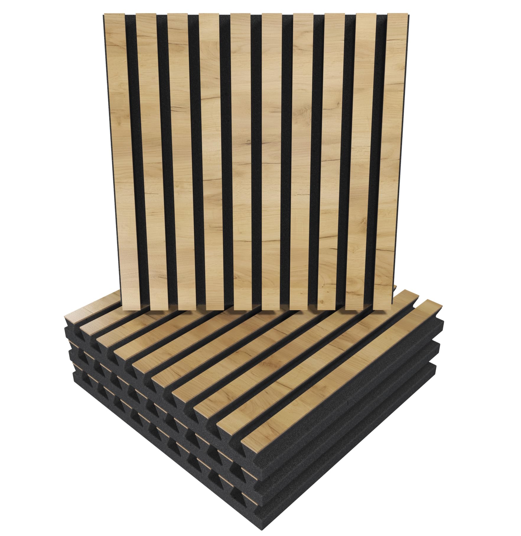 Set di 4 Pannelli acustici fonoassorbenti e diffusivi a doghe | 50x50x5cm | Assorbimento - Diffusione - Riflessione - Insonorizzazione | Legno laminato: [x4 POLE | Rovere]