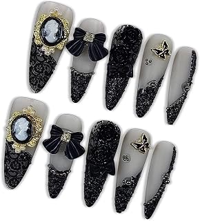 Gothic Press on Nails, Long Stiletto Matte Nails, Baroque Cameo & 3D Camellia Design Salon Nails, Reusable Nails with Bow Steel Beads Accents, Dark Princess Style for Women(Size XS)