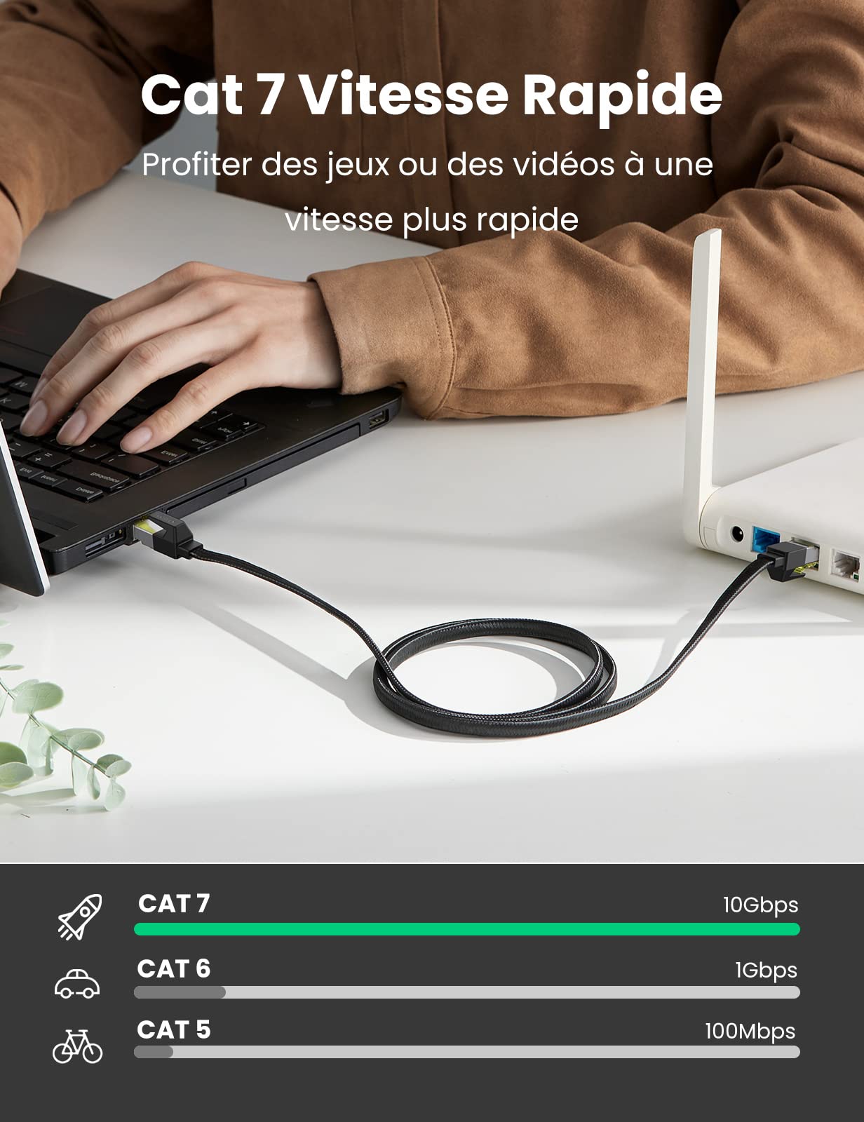 Image secondaire de UGREEN Câble Ethernet Cat 7 Plat 10Gbps 600MHz RJ45 Tressé pour Consoles et PC - 8M