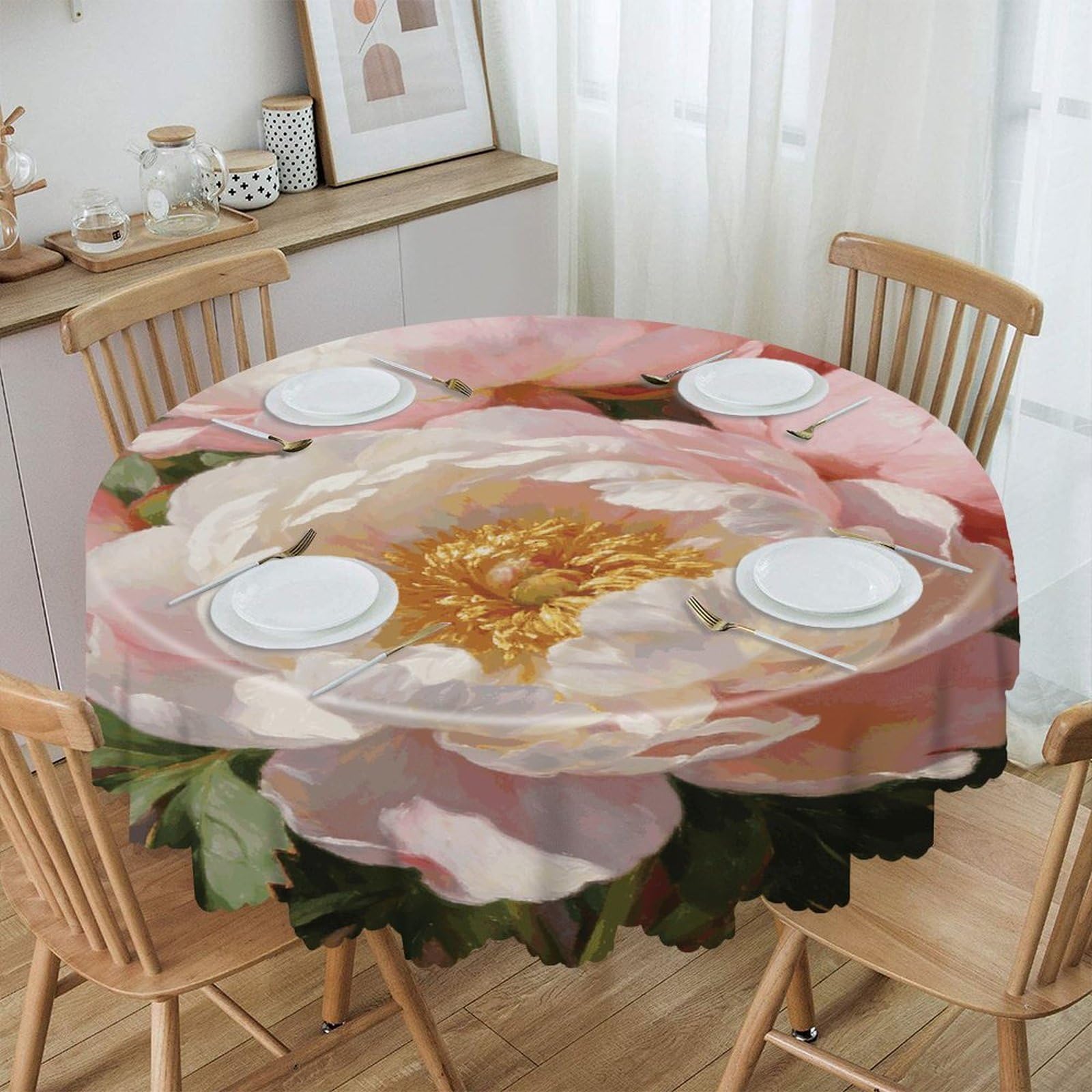 VstaDank Peony Round Tablecloth Wipeable Round Polyester Tablecloth Waterproof Wrinkle Free Indoor and Outdoor Table Cover 60 Inch Decorative Farmhouse Table Cloth for Dining
