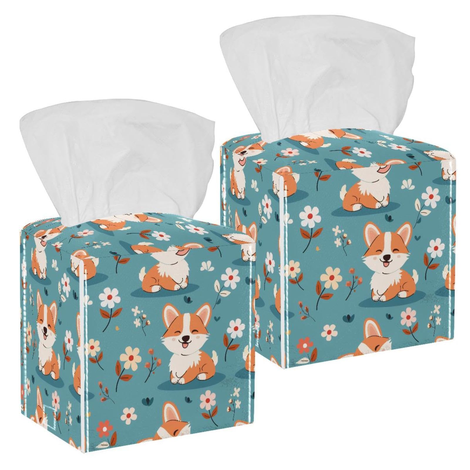 Corgi Dog Tissue Box Cover, 2 Pack PU Leather Square Facial Tissue Dispenser Box holder for Home Office Car