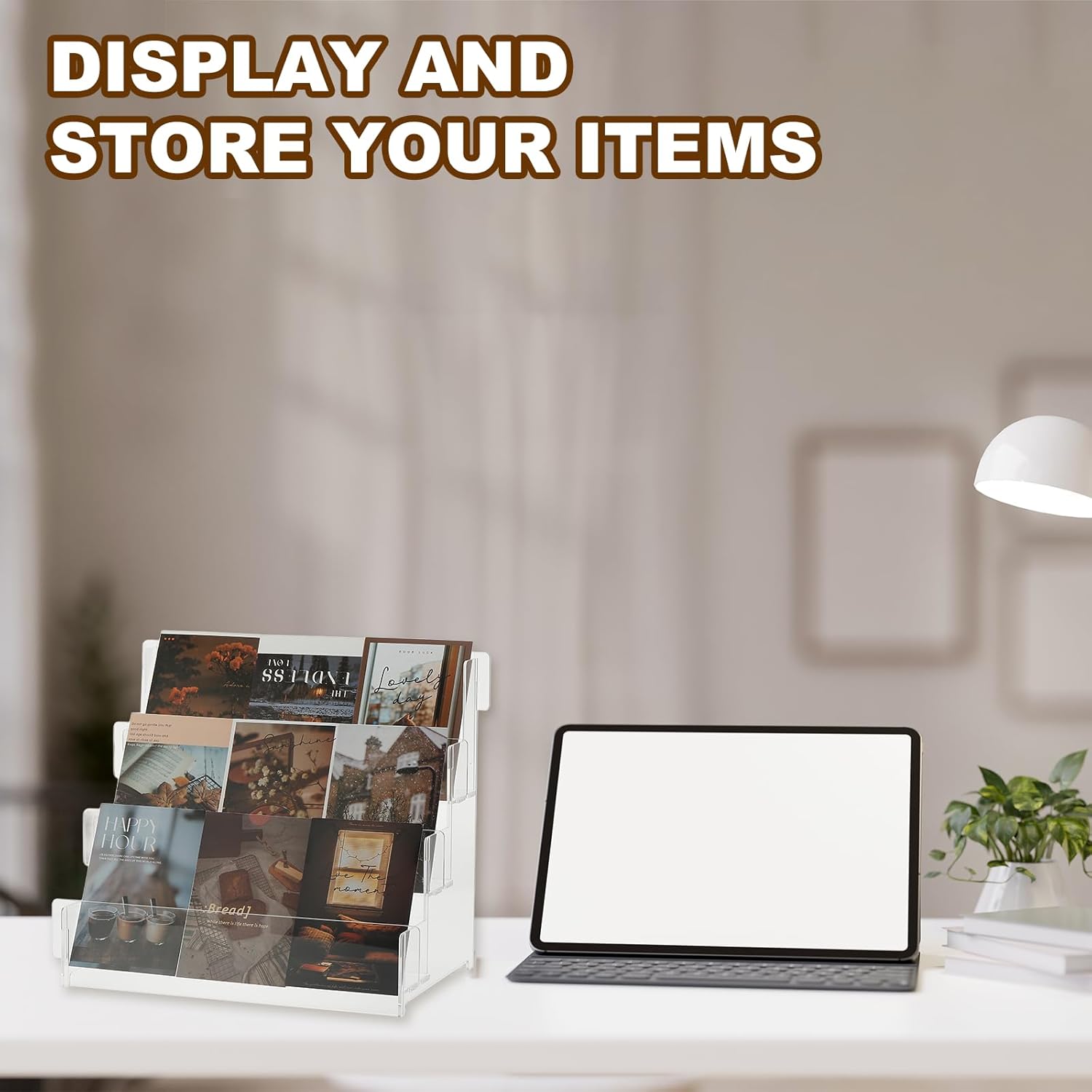 PATIKIL 3 Tier Clear Greeting Card Display Stand, Acrylic Sticker Display Stand Portable Postcard Rack Holder Organizer for Envelopes Photo Desk Book Stamp, Clear