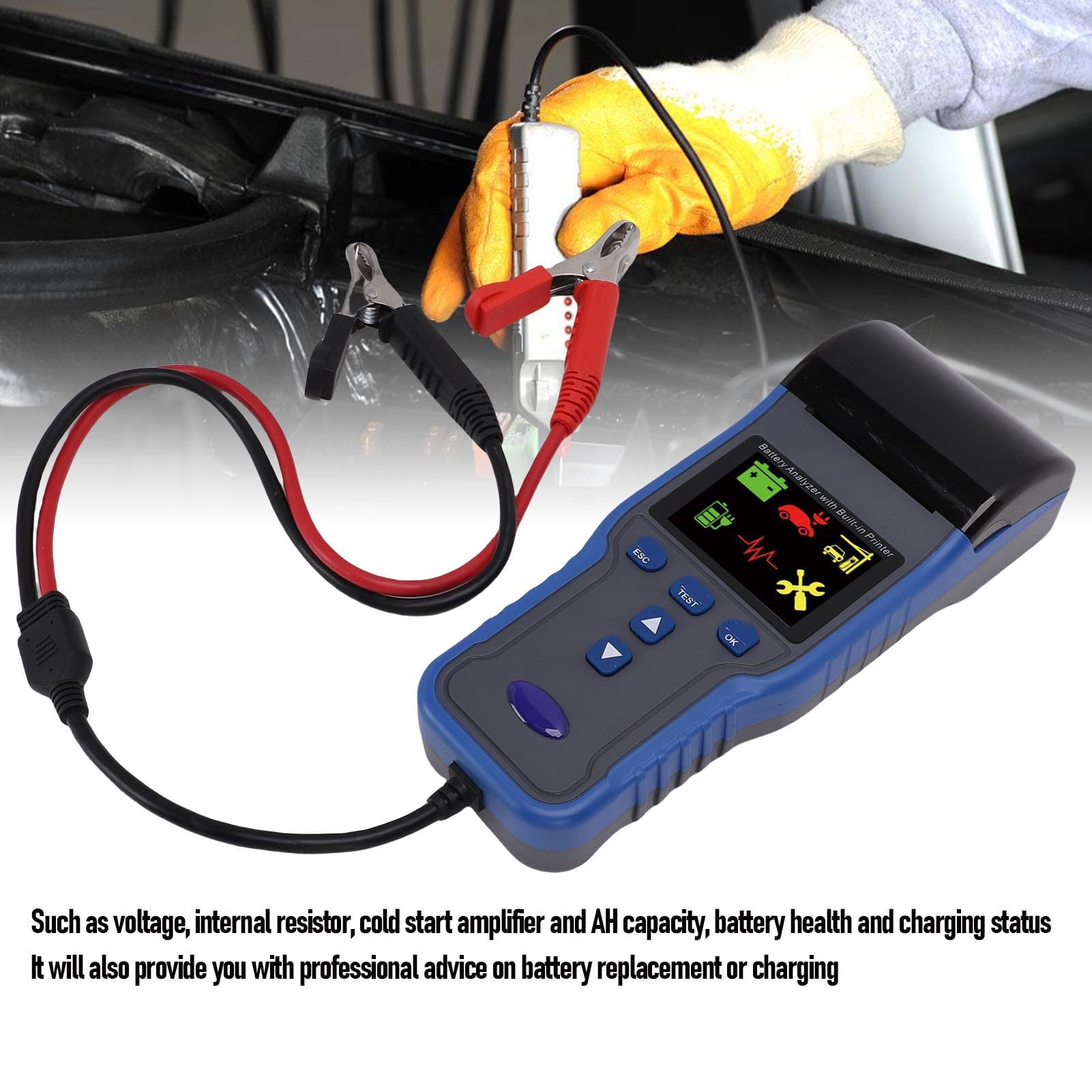 YWBL-WH Tester Batteria per Auto 12V 24V, Materiale ABS, Tester di Carico Batteria con Riconoscimento Automatico con Stampante, Misurazione della Tensione per Veicoli, Camion, Motociclette, Barche