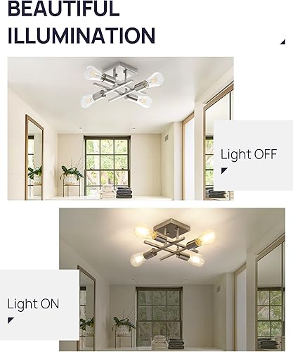 Miniatura 4 de Lámpara industrial de techo semiempotrada de 4 luces, paquete de 3 lámparas modernas de níquel cepillado, lámpara de techo Sputnik de granja,