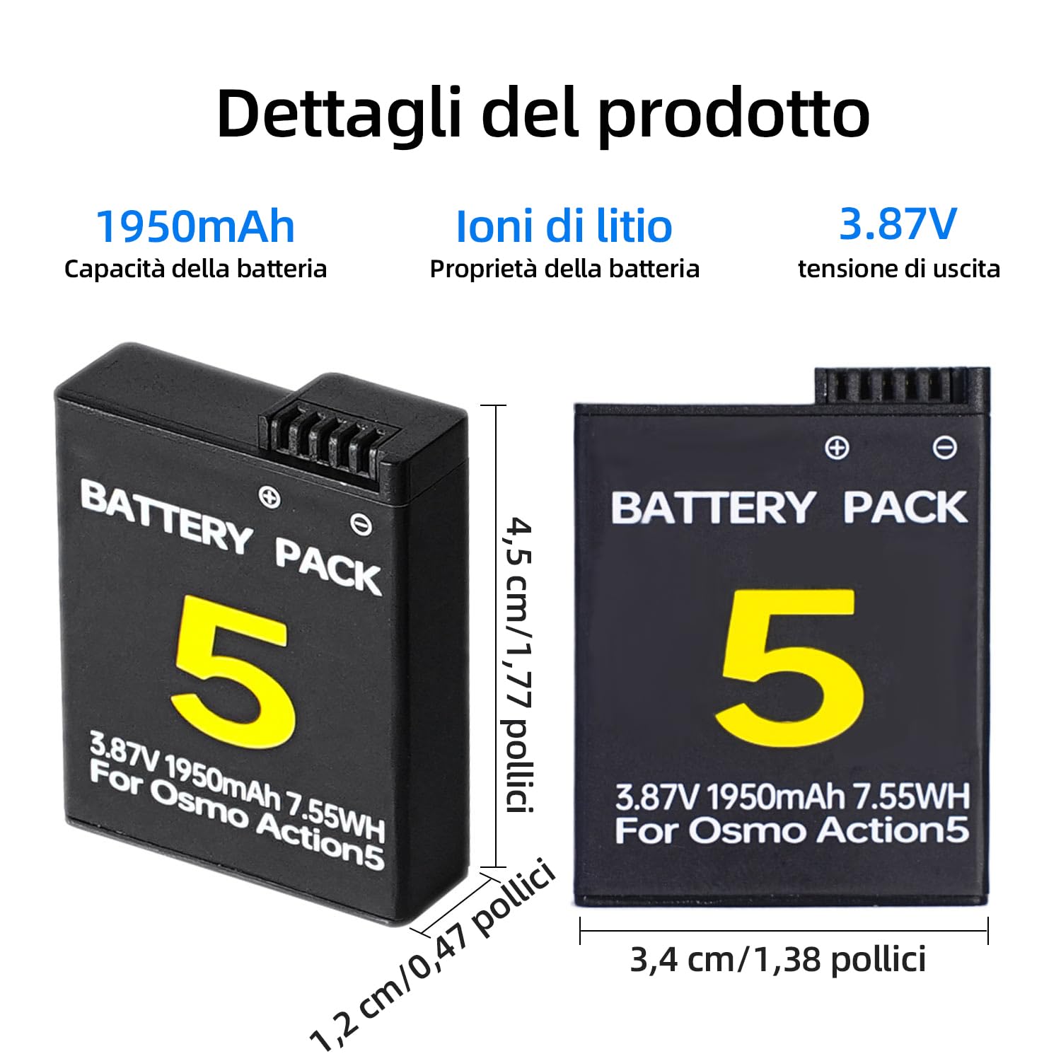 Batteria compatibile con DJI Osmo Action 5 Pro/4/3 e Osmo 360 | Freddo -20°C, 7,55Wh/3,87V. Chip protezione da sovraccarico, cortocircuito e surriscaldamento