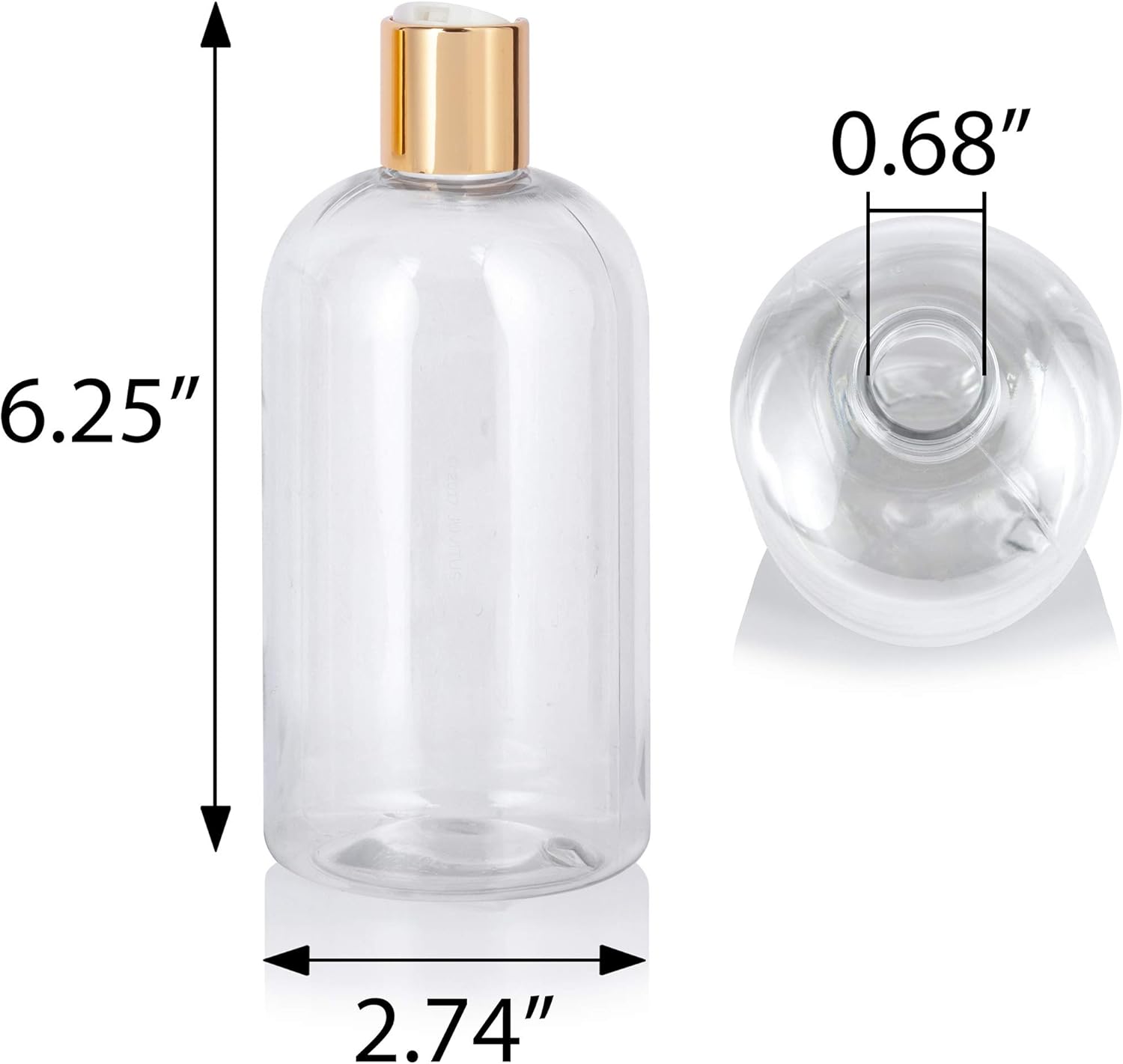 JUVITUS 12 oz Clear Plastic PET Squat Boston Round Bottle Gold Disc Cap (12 pack)