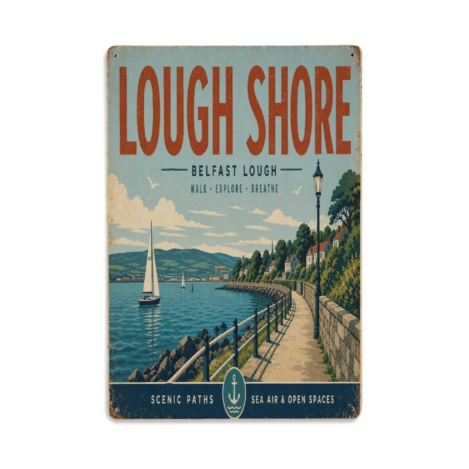 Belfast Lough Ireland Classic Coastal Travel Metal Tin Sign Plaque Wall Decor for Cafe, Man Cave, Club Bar, Office, Home Garden Round Metal Poster 8x12Inch