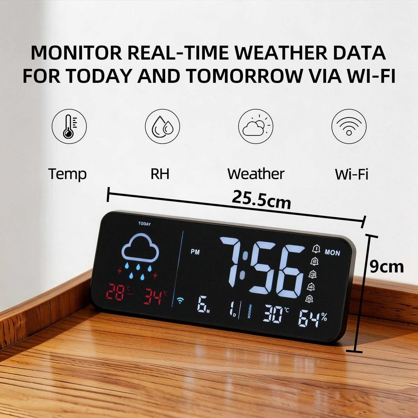 Seutgjie Digital Wecker WLAN mit Wetter Tischuhr/Wanduhr Schwarz | Digital Uhr Automatischer Zeitsynchronisation Wettervorhersage Temperatur Luftfeuchtigkeit für Schlafzimmer Büro Wohnrau