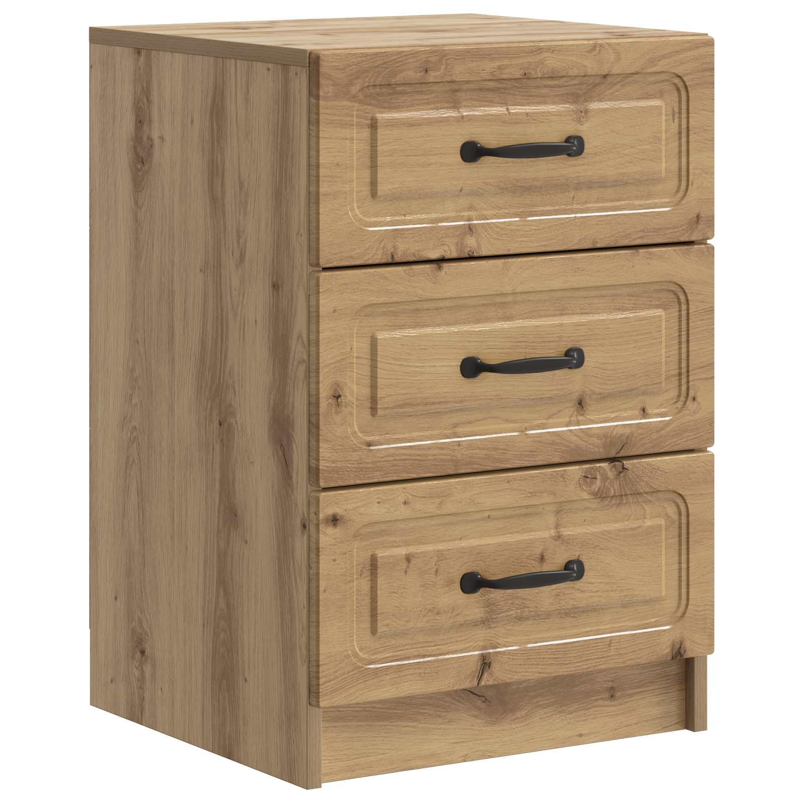 Table de chevet en chêne Artisan, meuble moderne de 63,5 cm avec 3 tiroirs et poignées noires