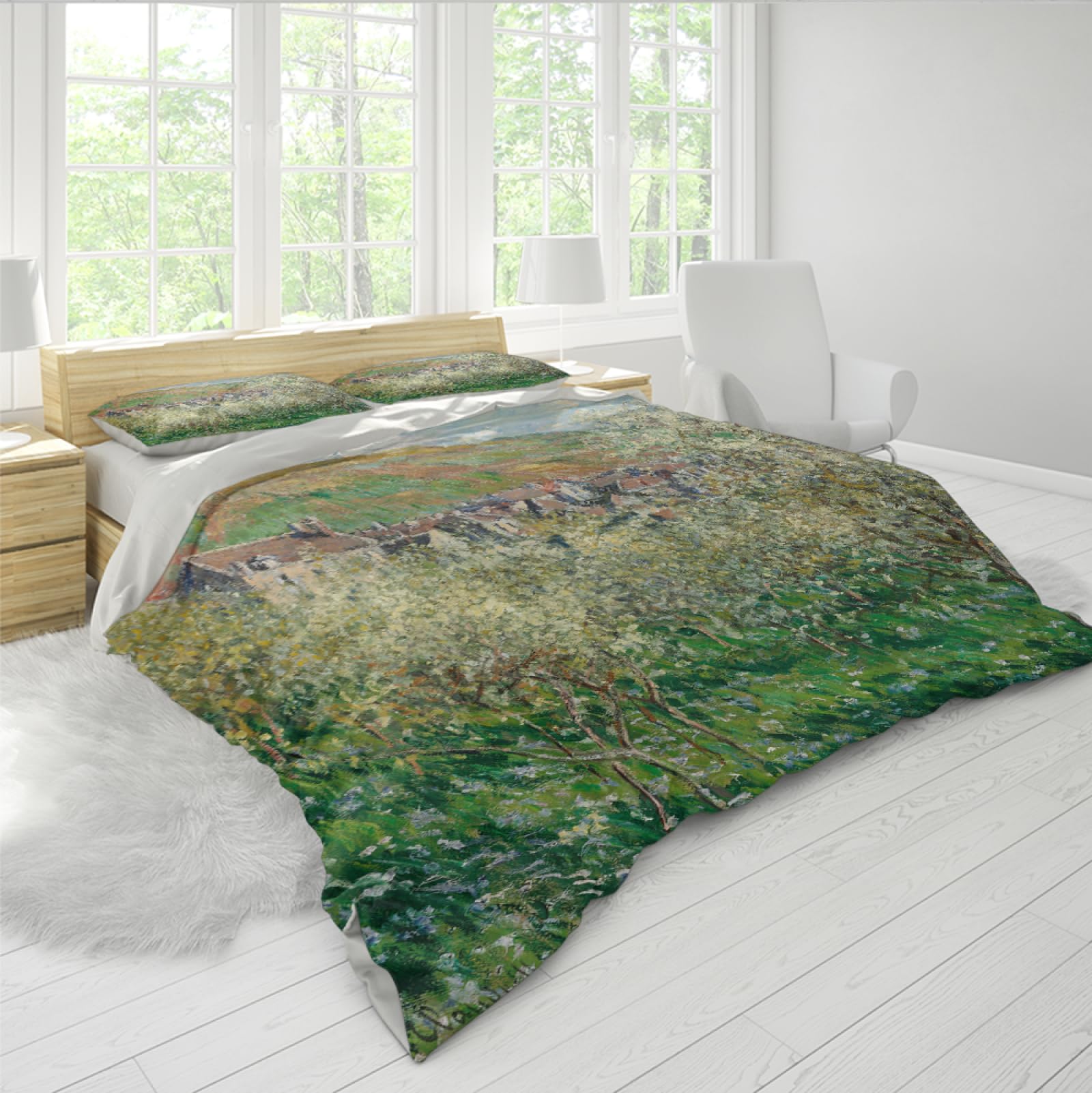 Zestaw pościeli w stylu wiejskim, Claude Monet Art, poszwa na kołdrę z zamkiem błyskawicznym, 2 poszewki na poduszki, kwiatowy i botaniczny, 3-częściowy zestaw poszewek na kołdrę 140 x 200 cm