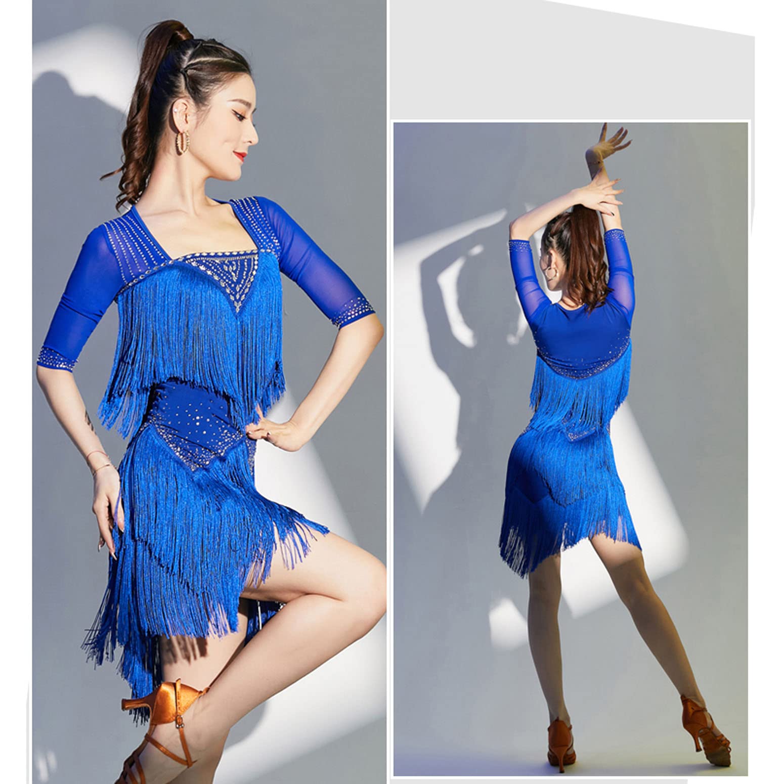 Damen Fransen Latein Wettkampf Tanzkleid Quadratischer Ausschnitt Cha Cha Ballsaal Auftrittskostüm 3/4 Transparente Netzärmel Kleidung Rumba