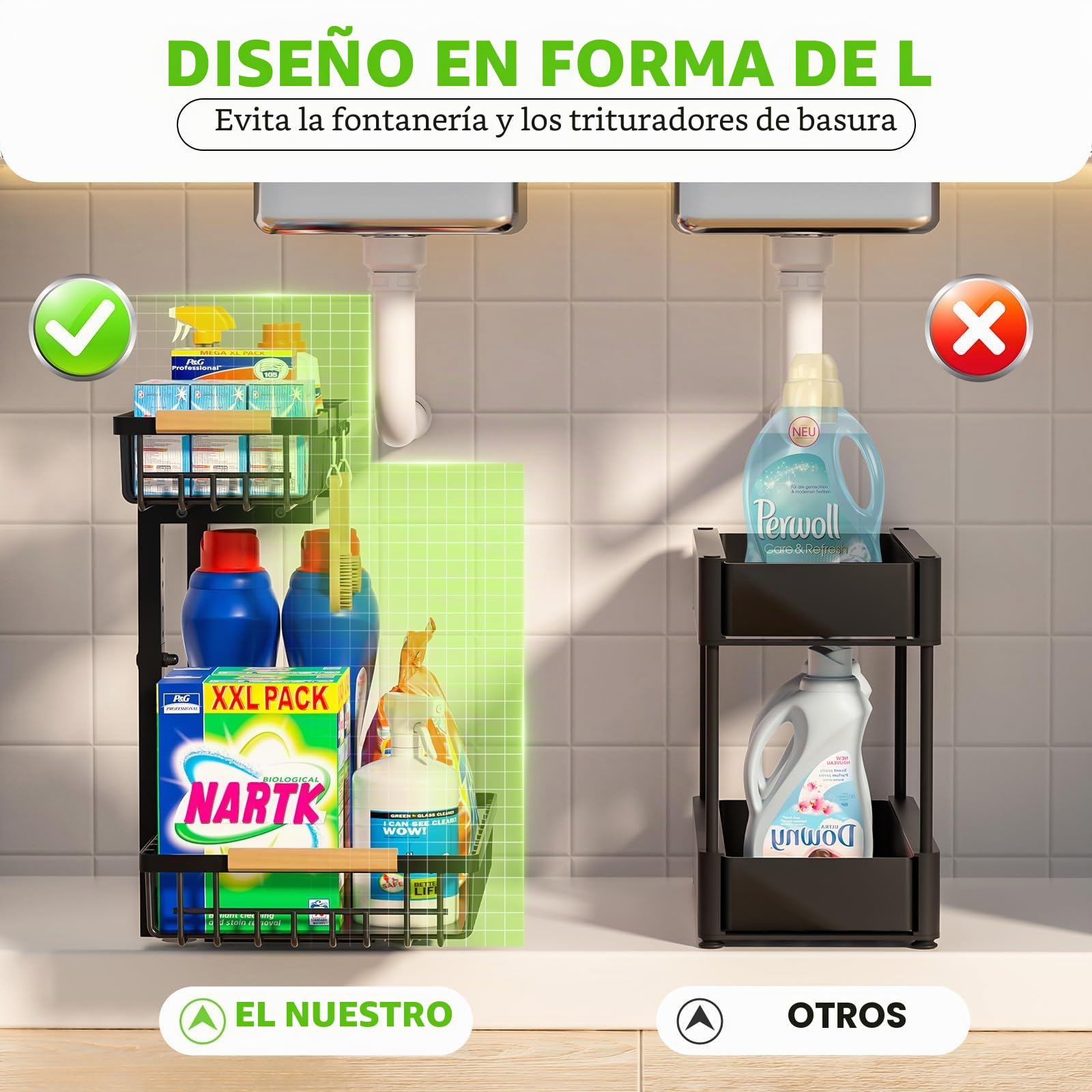 2 Paquete Organizador bajo Fregadero de altura ajustable, organizador de cocina extensible, acero al carbono, negro