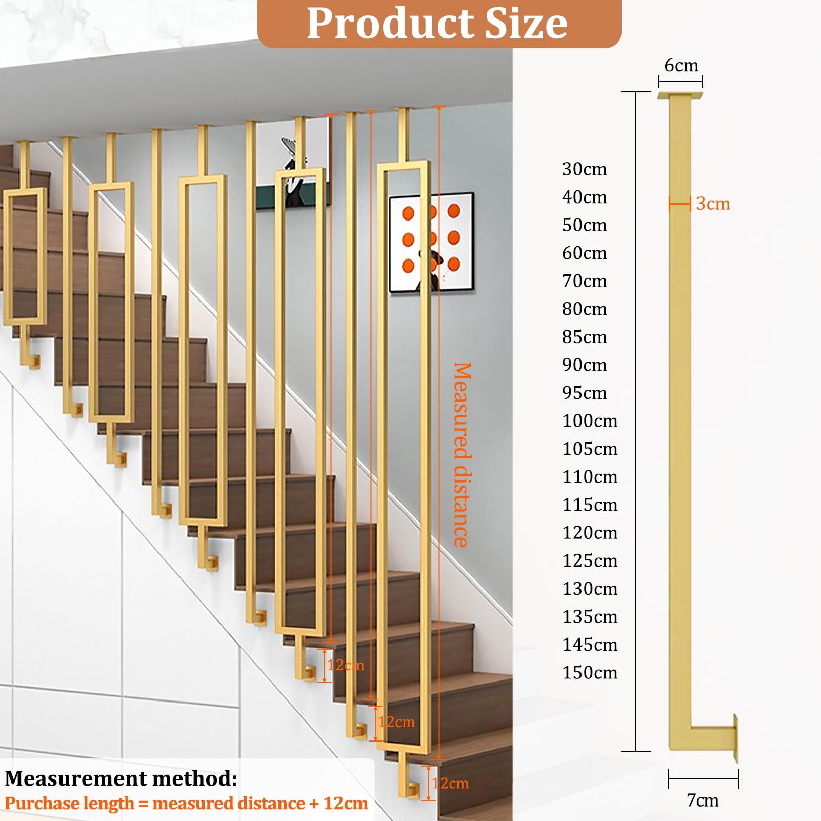 Escalera antideslizante en forma de L | Guardil de barandilla interior para lofts | Barra de soporte montada en el techo | Balaustre dorado de 4 pies para seguridad y estabilidad