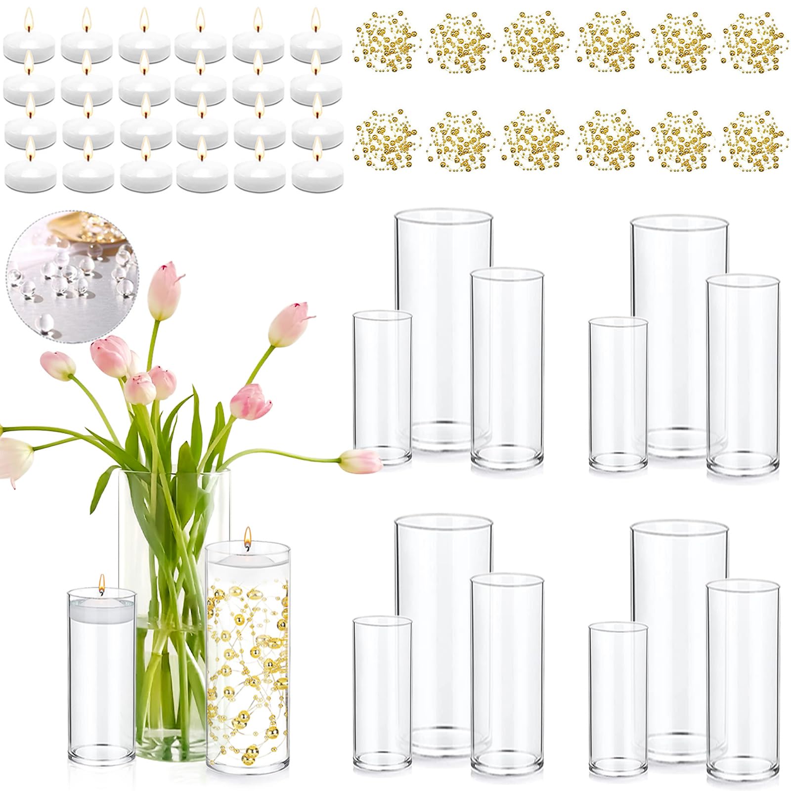 PNJHDZ Set of 12 Glass Cylinder Vases for Centerpieces with 8 Pack Vase Filler 12 Pearl String 24 White Floating Candles for Table Centerpieces for Wedding Party Home Decor 5, 6, 8 Inch