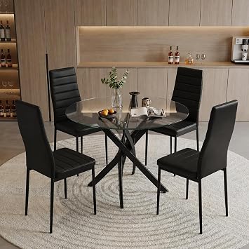 Round Tempered Glass Dining Table Set with Black Metal Legs