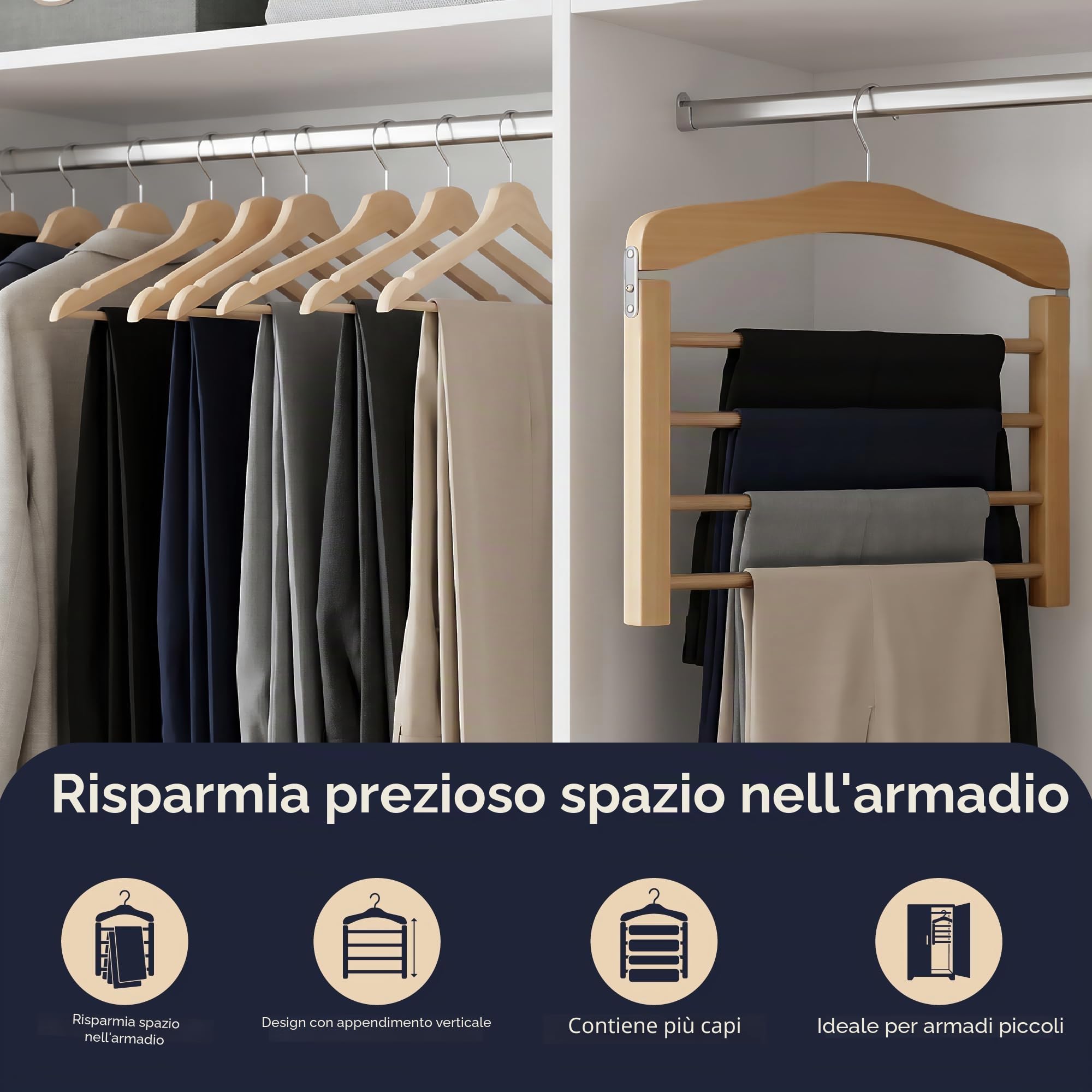 Hangerworld Confezione da 3 grucce in legno per pantaloni, multifunzionali, a 4 ripiani, con barre antiscivolo