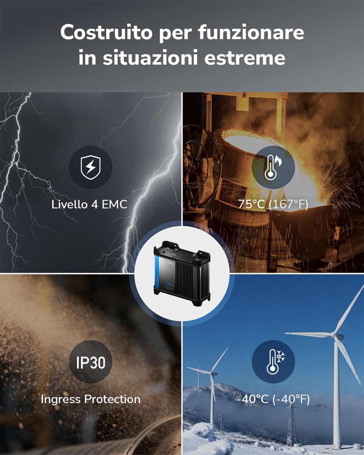 Router Wi-Fi industriale Cudy 4G LTE N300 Cat 4, doppia SIM, RS232/422/485, IP30, alimentazione PoE, controllo tramite app o web, guida DIN, montaggio a parete, IR04