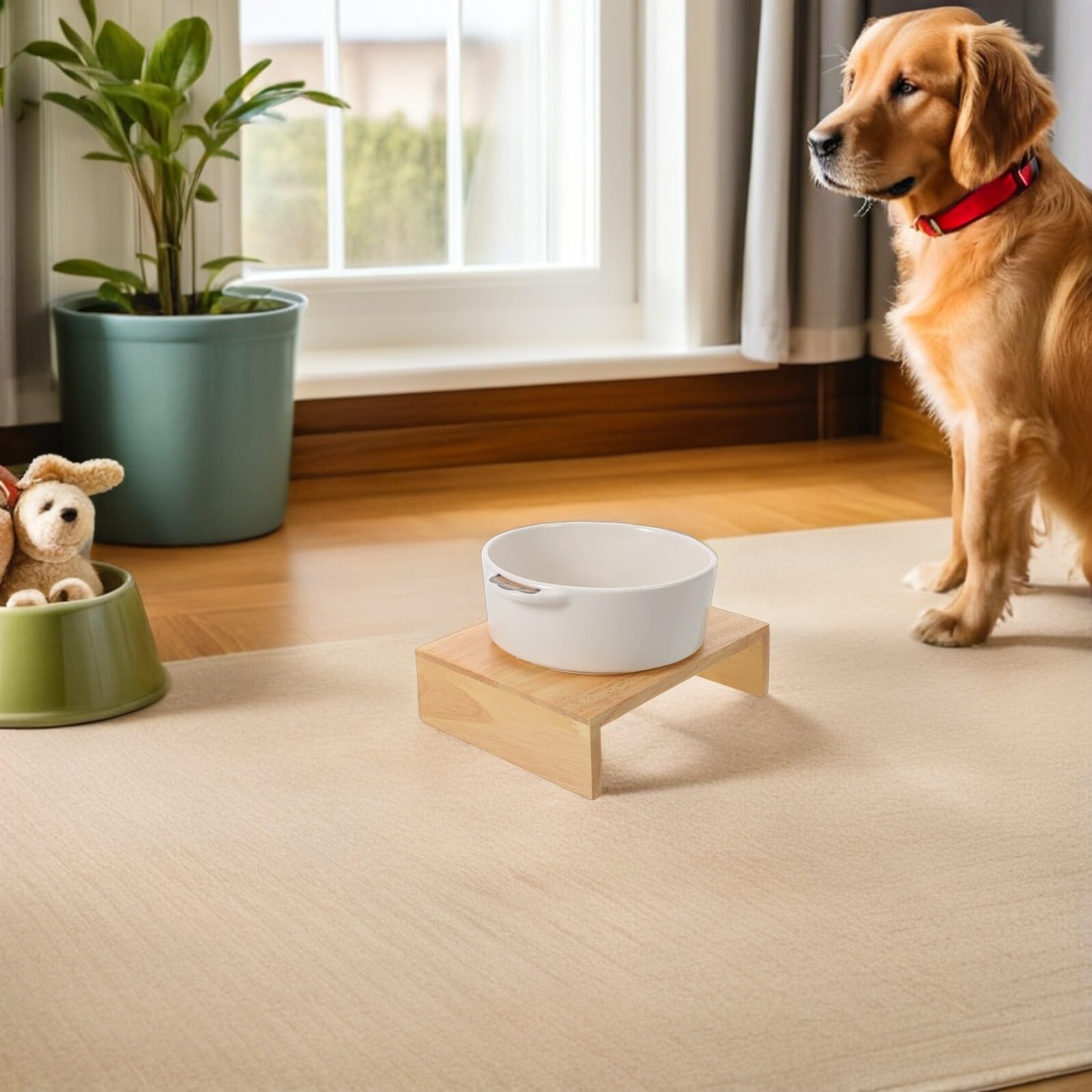 Levemolo Cuenco para Mascotas de Dos Orejas de Cerámica Base de Madera Comedero de Agua para Perros Pequeños y Gatos Plato de Comida Prueba de Derrames Cuenco para Cachorros