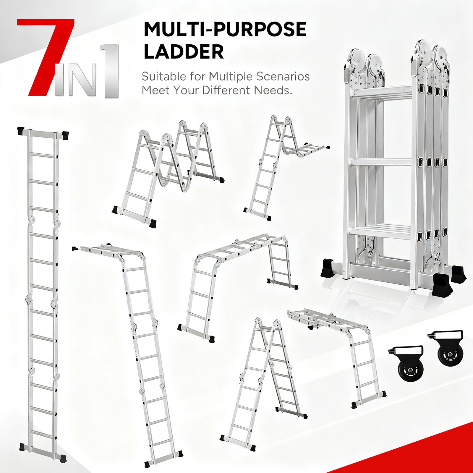 OUTIGO Escalera Multiusos 4x3, 7 en 1, 12 peldaños, Plegable, de Aluminio, con 2 Ruedas, para Uso doméstico, Carga máxima 150 kg