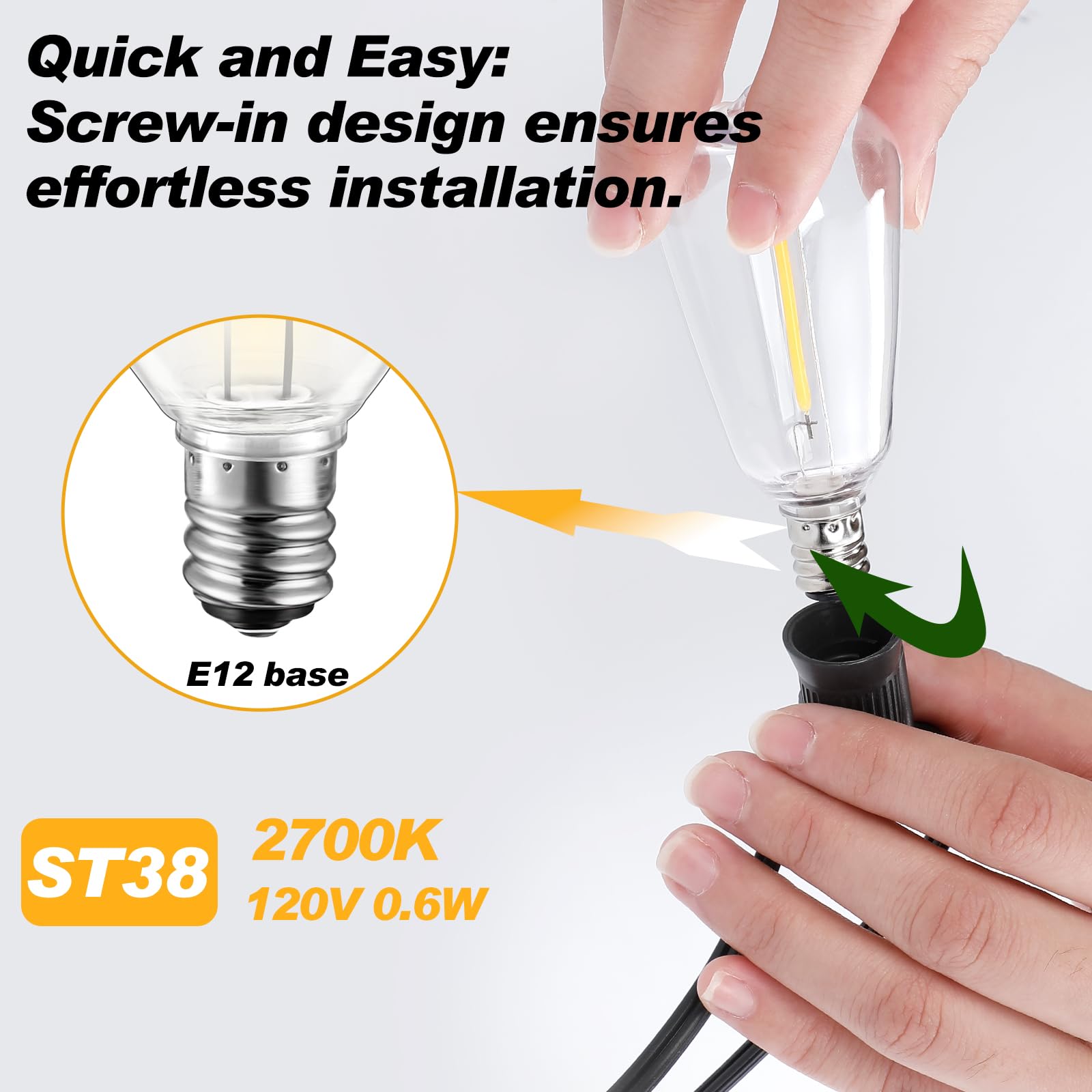 ST38 LED-Ersatzlampen, bruchsicher, dimmbar, Vintage-Edison-Glühbirnen, 0,6 W, E12-Sockel, 2700 K, Warmweiß, für schnelle Lichterkette, Reparatur, kleine Terrassen und DIY-Projekte, 10 Stück