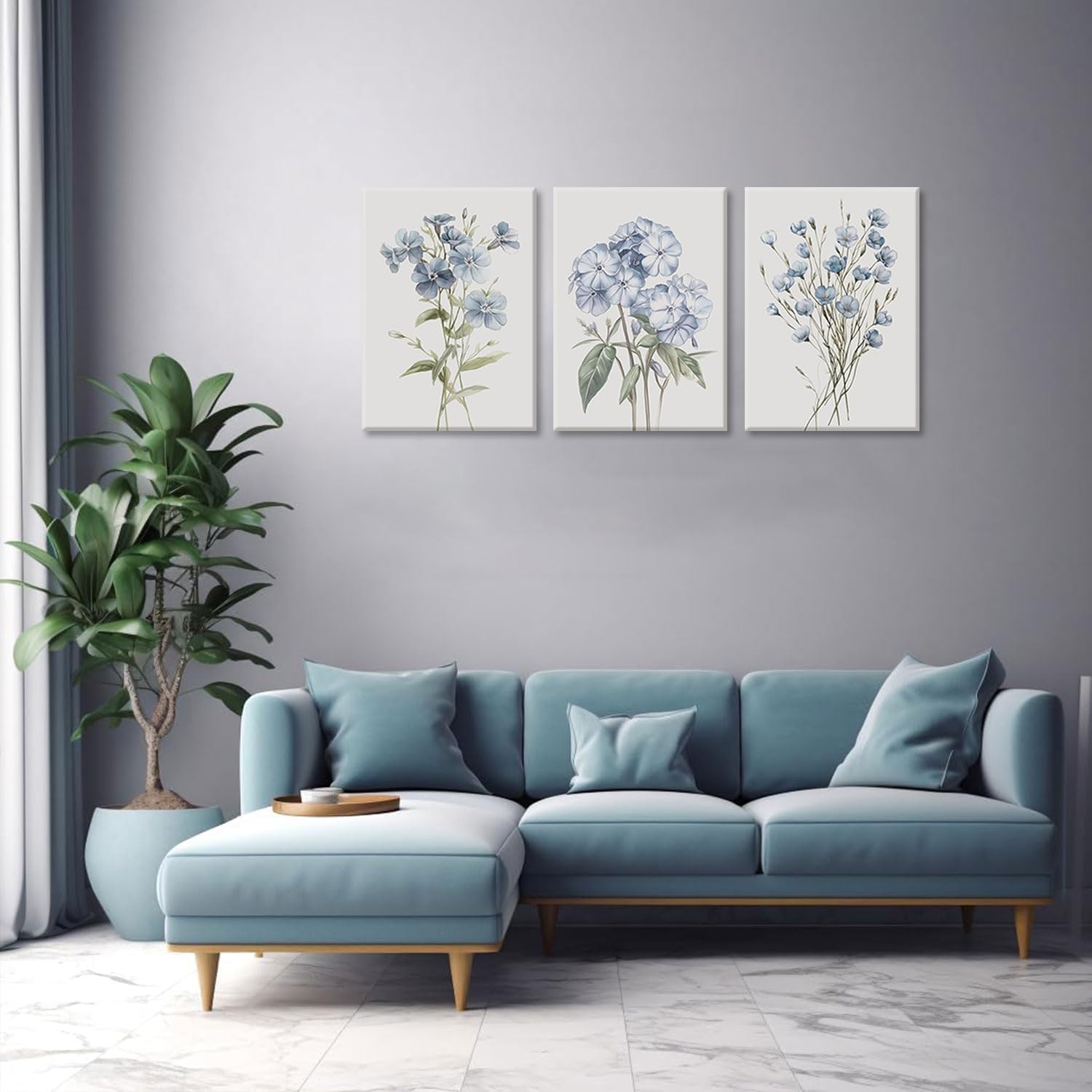 PhexlyArt 3 Piece Blue Floral Canvas Wall Art Colorful Wildflower Wall Art Watercolor Blue Flower Pictures Wall Decor Modern Minimalist Botanical Art Prints for Living Room Bedroom Bathroom 16"x24"
