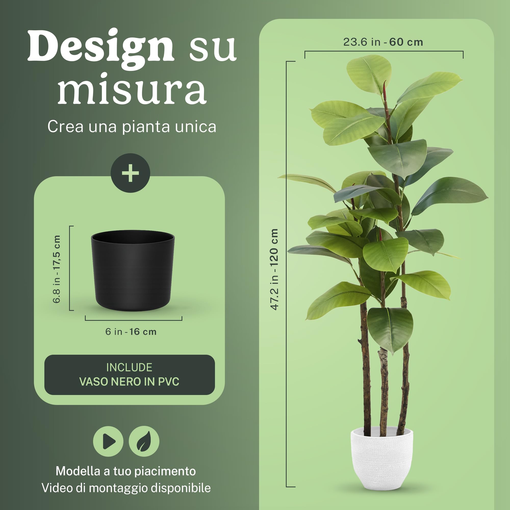 Maia Shop Ficus Elastica 120 cm - Pianta Artificiale da Interno | Pianta Artificiale Alta con Foglie Realistiche per Casa Soggiorno Ingresso Ufficio - Vaso Nero Incluso