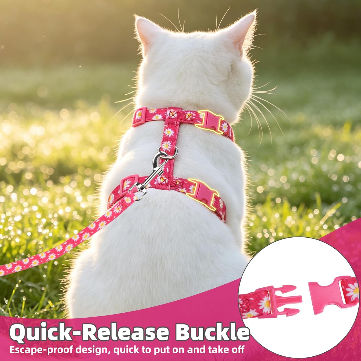 PUPTECK Adjustable Cat Harness and Leash Set Escape Proof Kitten Strap Collar for Walking Travel, Daisy Pattern