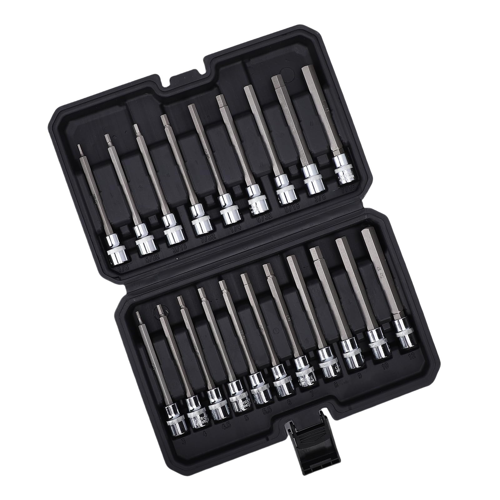 Fdit Set da 20 Pezzi di Prese Esagonali Extra Lunghe per Attacco 3/8 Pollici, Metrico 6-24mm SAE 1/8-7/16 Pollici, Acciaio Legato S2 110mm con Custodia Stampata per Riparazioni