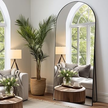 Oversized Full Length Mirrors Large Free Standing Floor Mirror Full Body Wall Hanging for Bedroom Living Room and Entrance, Arch Black Frame, 179x65 CM