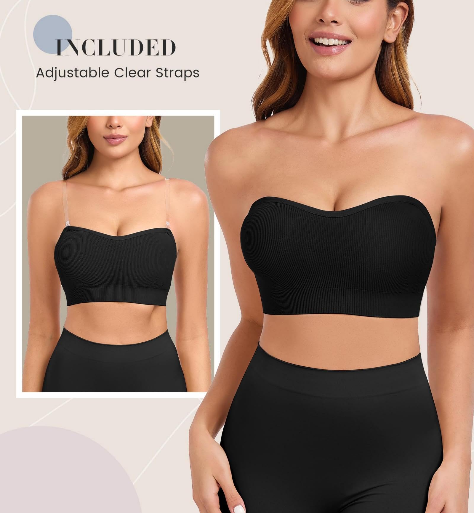 Brasier bandeau sin tirantes para mujer, sin tirantes, agarre de silicona antideslizante, acolchado y sin costuras, parte superior de tubo convertible