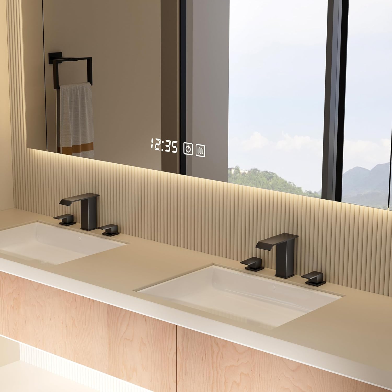 Waterfall Bathroom Faucet Matte Black Widespread GGStudy 3 Holes 2 Handle Black Modern Bathroom Sink Faucet with Pop Up Drain