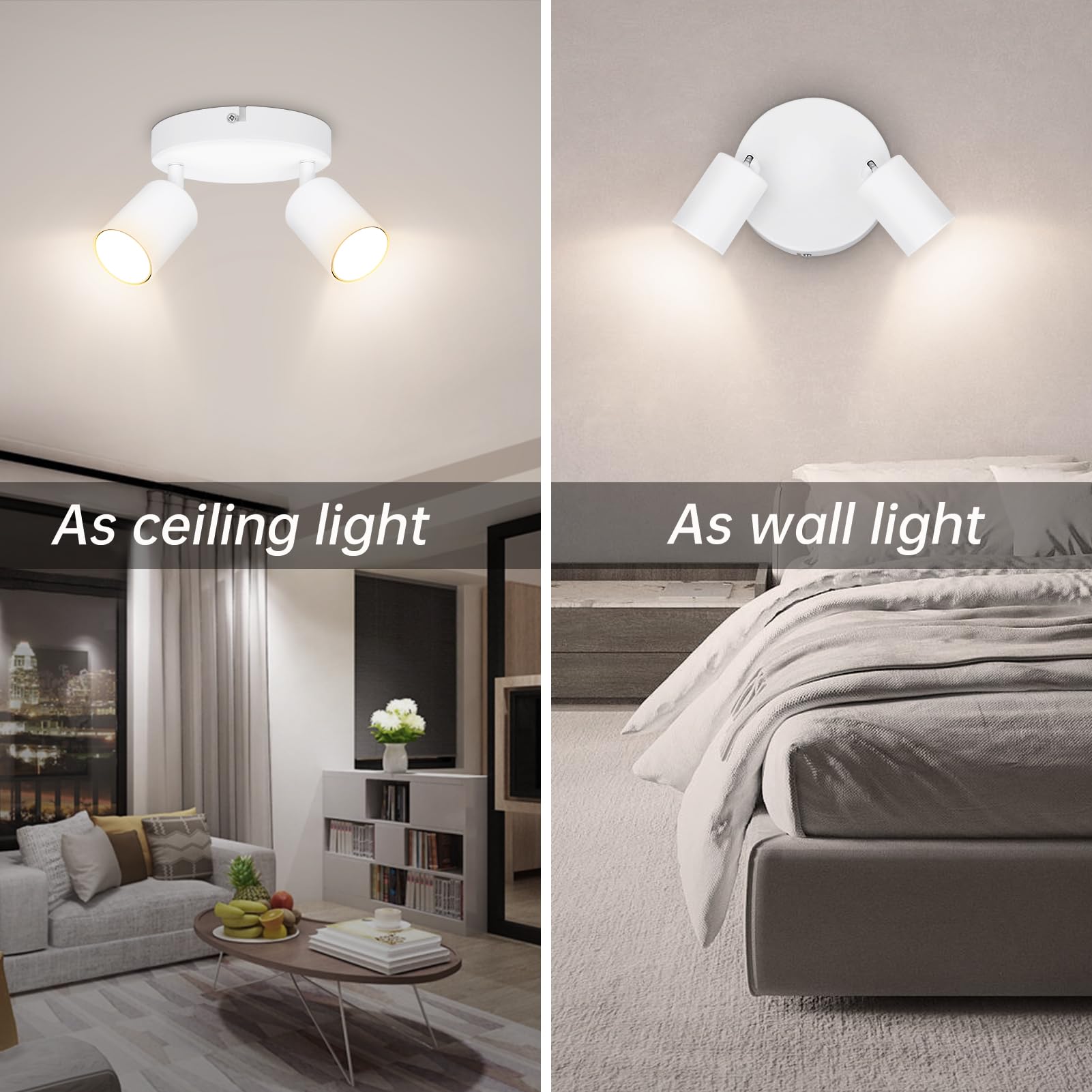 Ketom GU10 Faretti da Soffitto Orientabili, Faretti LED da Soffitto Bianco, Lampada da Soffitto 2 Luci Rotonda, Moderna Faretto da Parete Interno per Barra, Cameretta, Cucina, Senza Lampadina